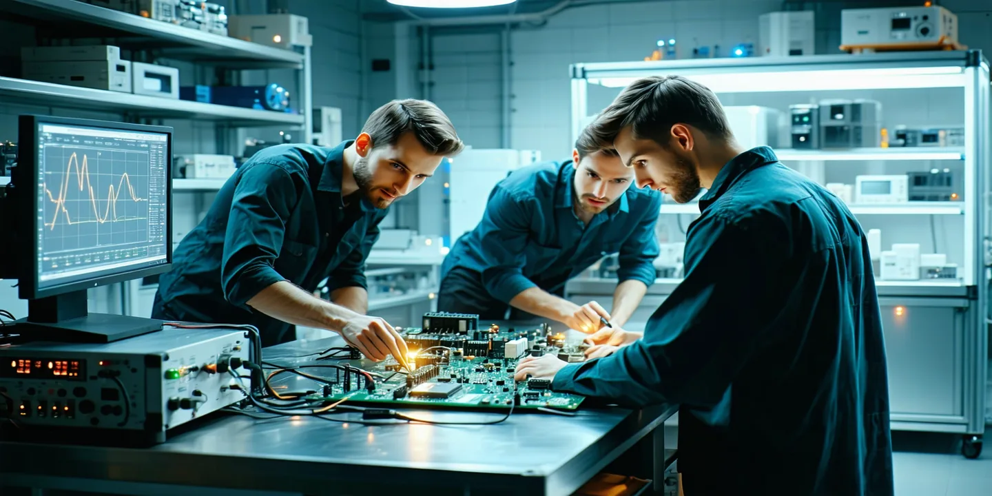 Small engineering team reviewing a circuit board in a San Jose hardware lab, clean benchtop environment with oscilloscope and chip test fixtures