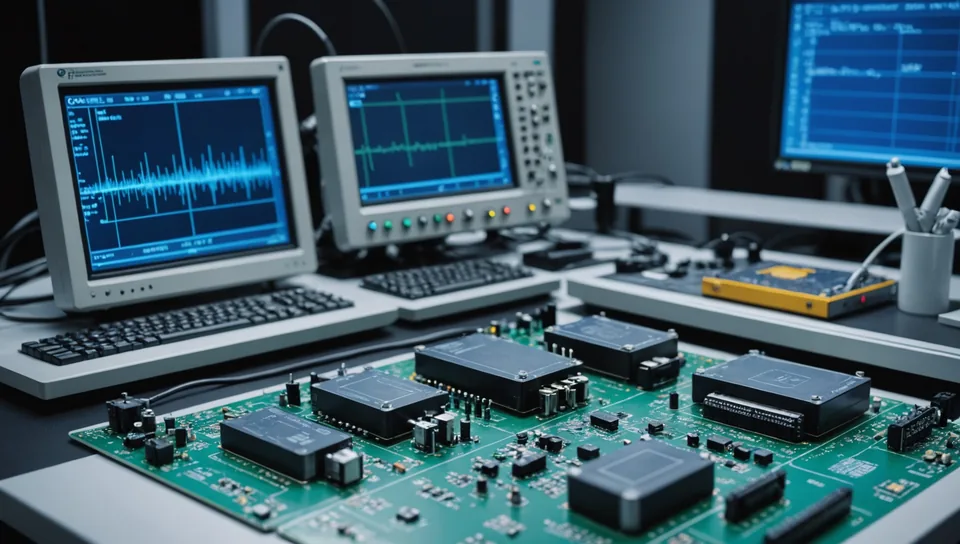 Semiconductor lab bench with FPGA evaluation boards and silicon wafer detail
