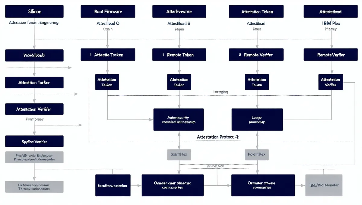 Remote attestation protocol flow diagram showing silicon root of trust, boot chain, attestation token generation, and verifier steps