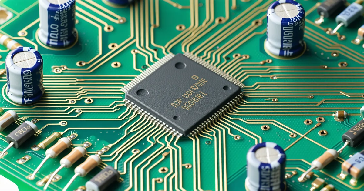 Close-up view of a printed circuit board with a discrete security IC chip and surrounding components
