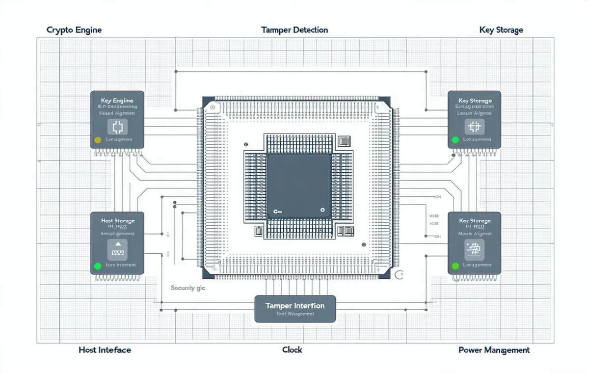 HSM silicon die block diagram with crypto engine, key storage, tamper mesh, and host interface sections clearly delineated
