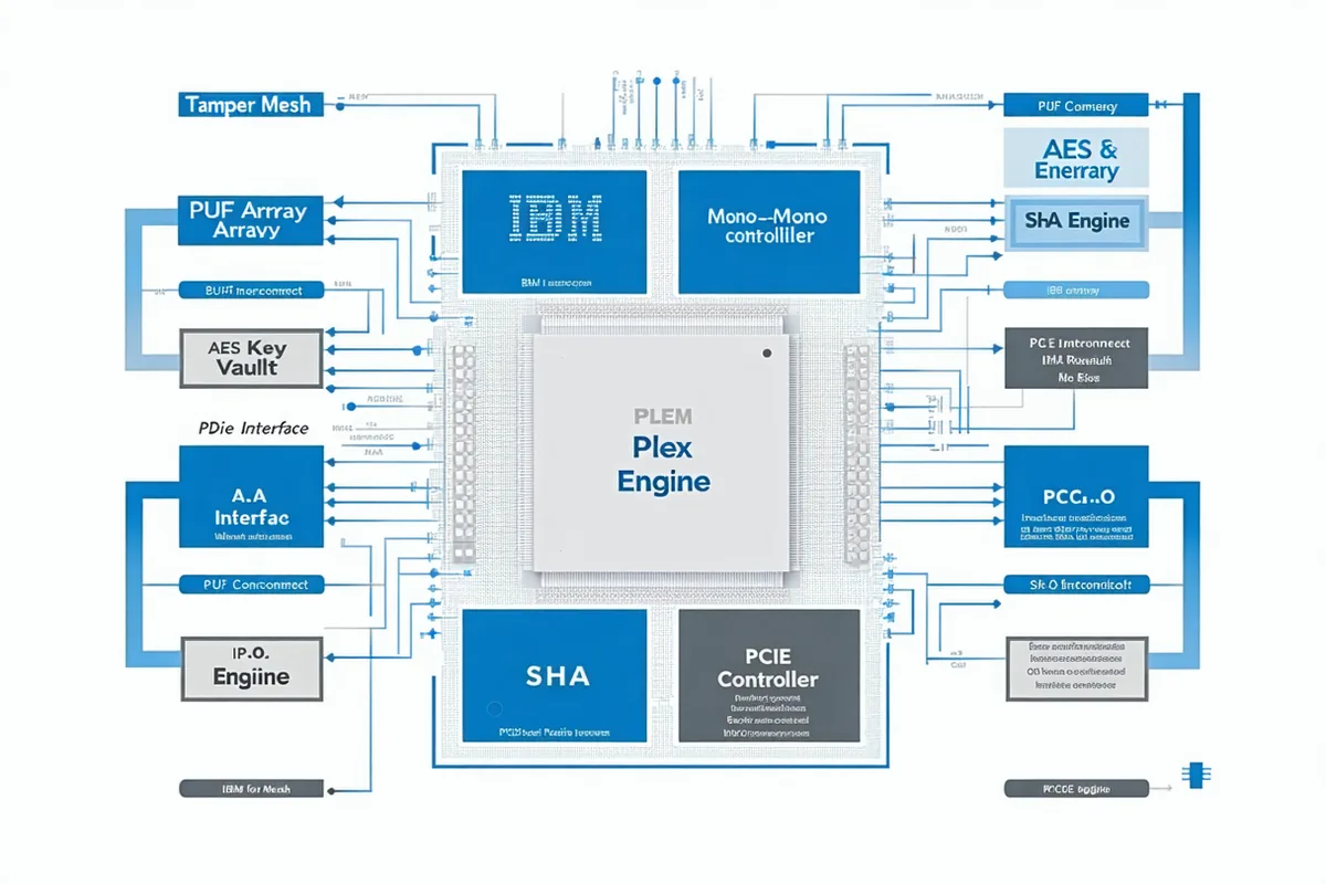 Bastionchip silicon block diagram showing tamper mesh overlay, PUF cell array, crypto engine, key vault, and PCIe interface controller with labeled interconnects